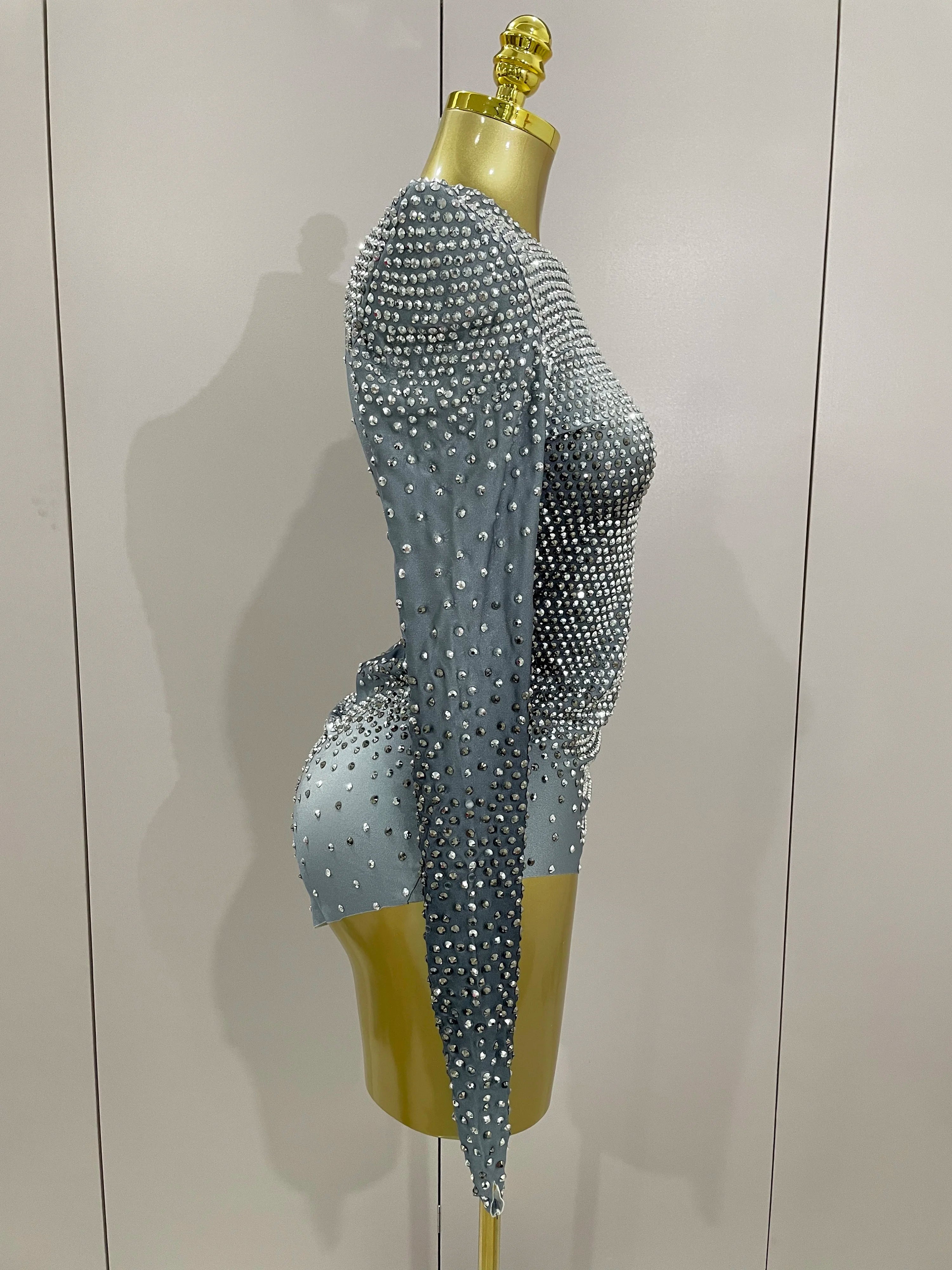 Sparkle Silver Rhinestones Long Sleeve Stretch Bodysuits 2025 New Women Evening Luxury Birthday Party Sexy Nightclub Stage Costu