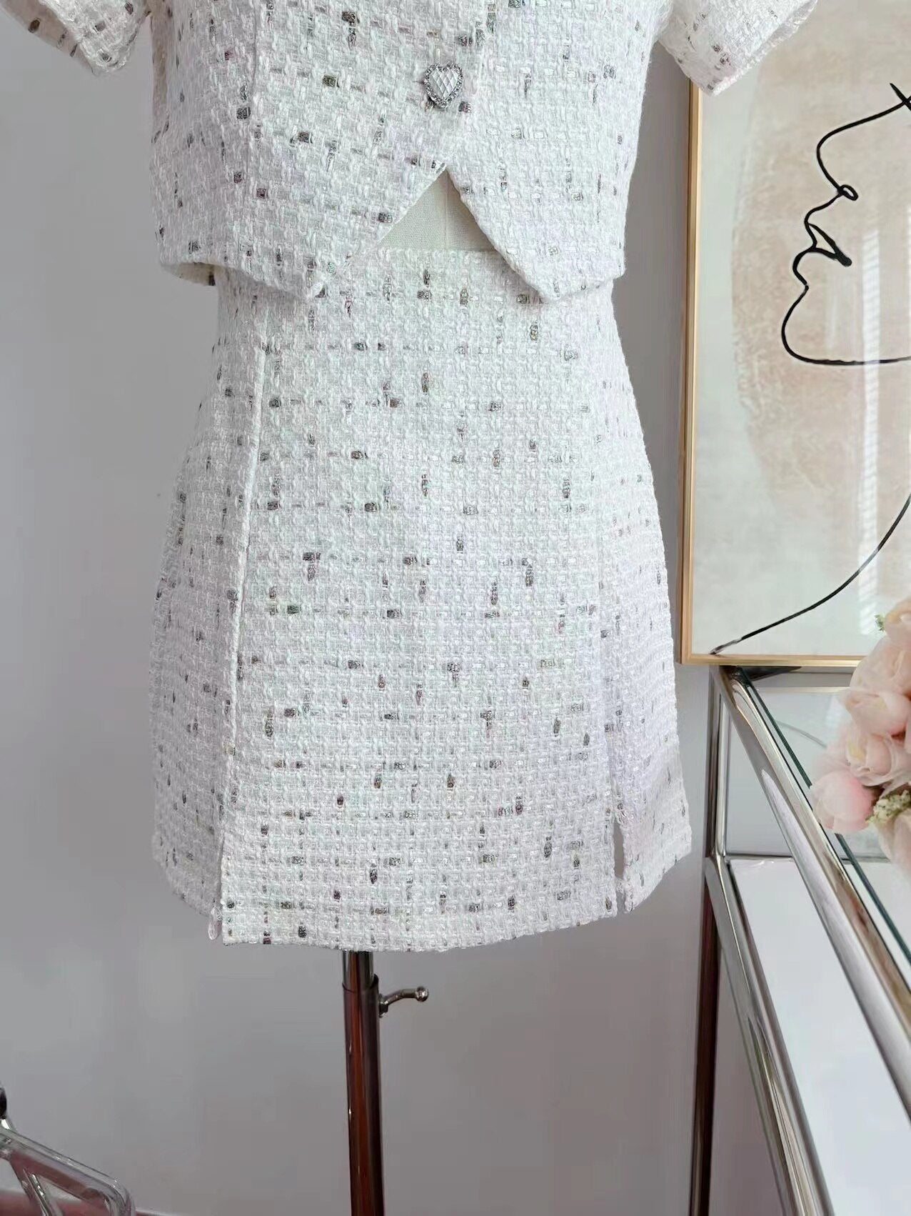 Small Fragrant Skirt Suit Tweed Short Coat Puff Sleeve Two Piece Set Female 2024 Summer Fashion Skirt for Women Korea Fashion