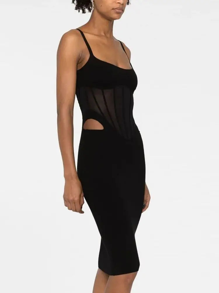 Ailigou New Summer Women's Sexy Sleeveless Tight Fit Midi Bandage Dress with Hollow Lace Elegant Celebrity Party Club Dress