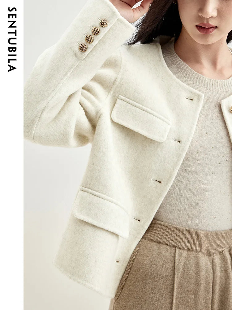 Winter Wool Blend Coats for Women Round Neck Long Sleeve Double-faced Woolen Cropped Jacket Elegant Outerwear