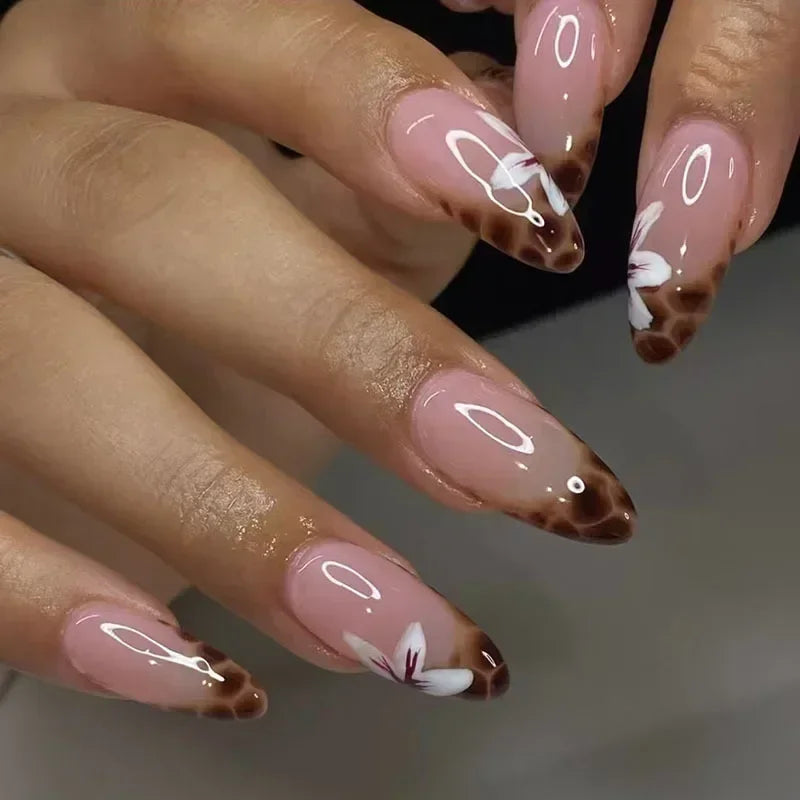 24pcs Leopard Print Almond Fake Press on Nails with Mini Flower Acrylic Fake Nails Retro Sweet Cool Design Press Ons French Nail 1