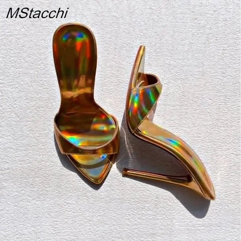 Laser Dazzling Color Sandals For Women Slippers Summer Star Style Very High Heel Shoes Peep Toe Ladies Stiletto Sandals 2025 gold