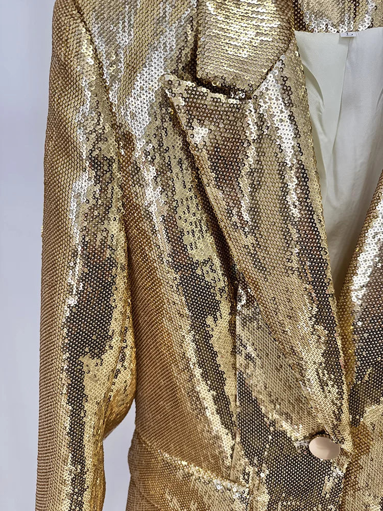 2025 New Autumn Golden Sequins Women Long Sleeve Deep V-Neck Slim 2 Pieces Women's Set Elegant Evening Party Cocktail Wear