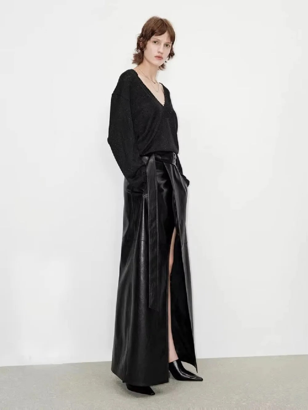 Lautaro Spring Autumn Shiny Black Soft Pu Leather Floor Length Skirt Women with Front Slit High Waist Extra Long Clothes 2025