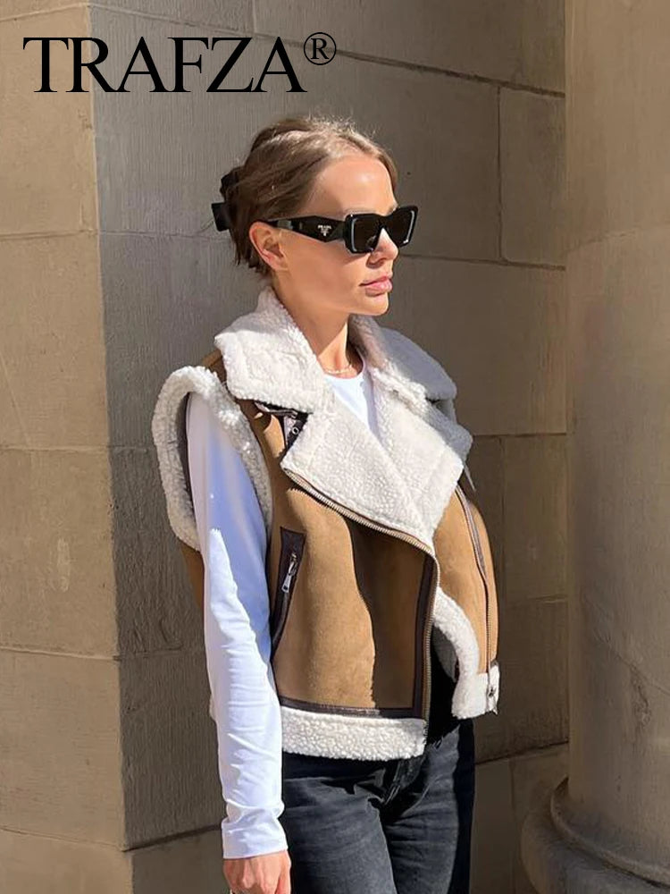 Woman Faux Leather Lambswool Patchwork Sleeveless Vest Autumn Jackets Female Fashion Thickening Warm Zip Waistcoats Coat