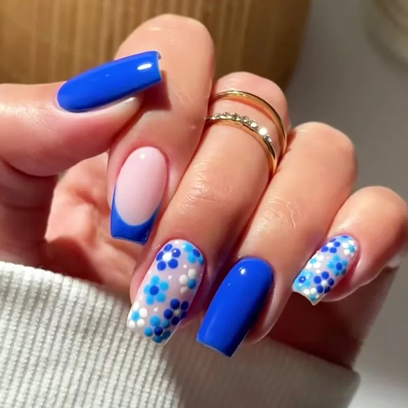 24Pcs Fashion Fake Nails Press on Long Ballet False Nails Art with Flower Design Brown Detachable Full Cover Nail Tips Manicure 1688