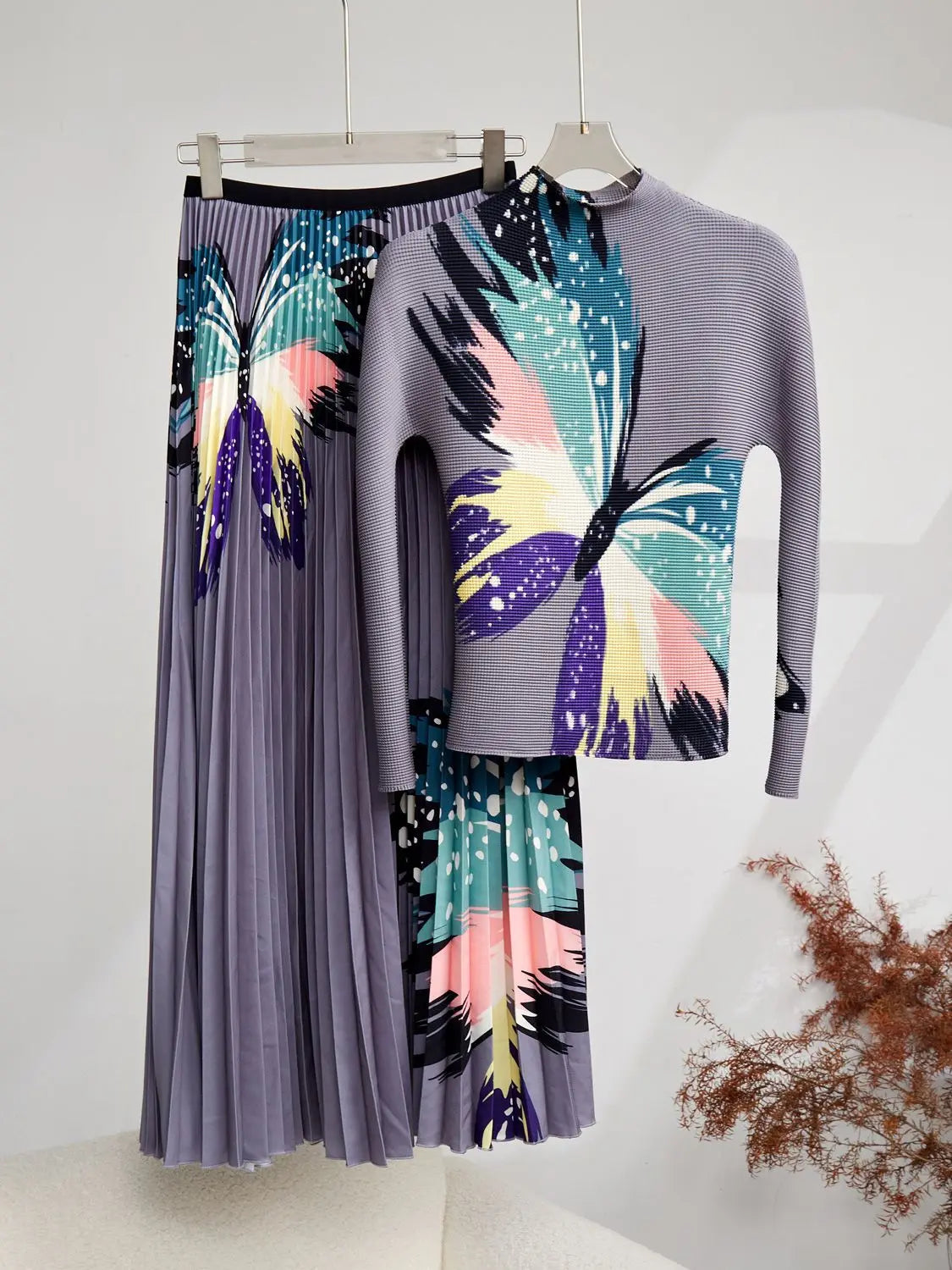 Spring Autumn Runway 2 Pieces Sets Women's Turtleneck Flower Print Stretch Pullover Top+Long Pleated Skirt Suit Female Outfits as picture 3