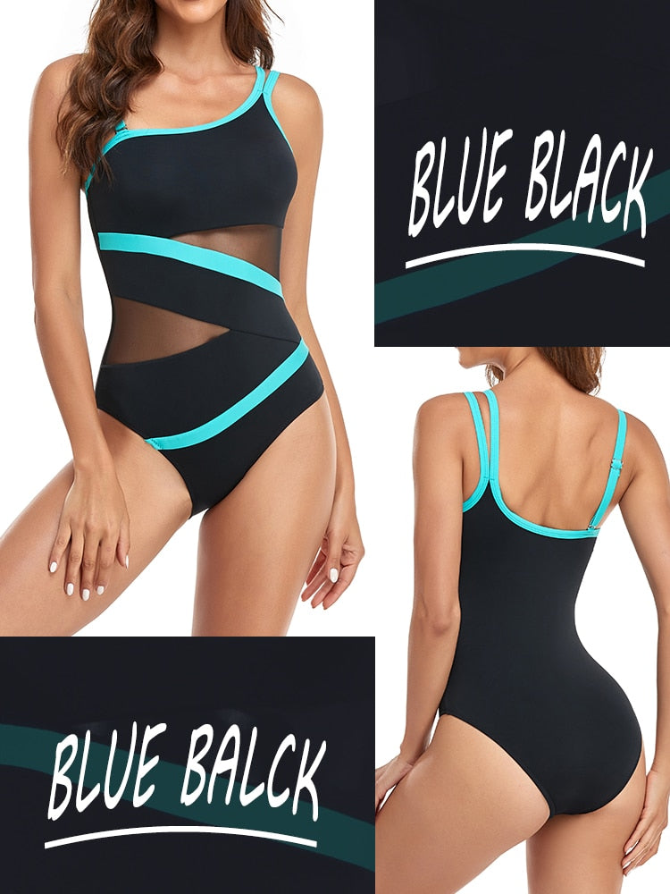 Sexy Mesh One-Piece Swimwear - One Shoulder Swimsuit Bodysuit Beachwear Brazilian Bathing Suits Summer Monokini Blue Black