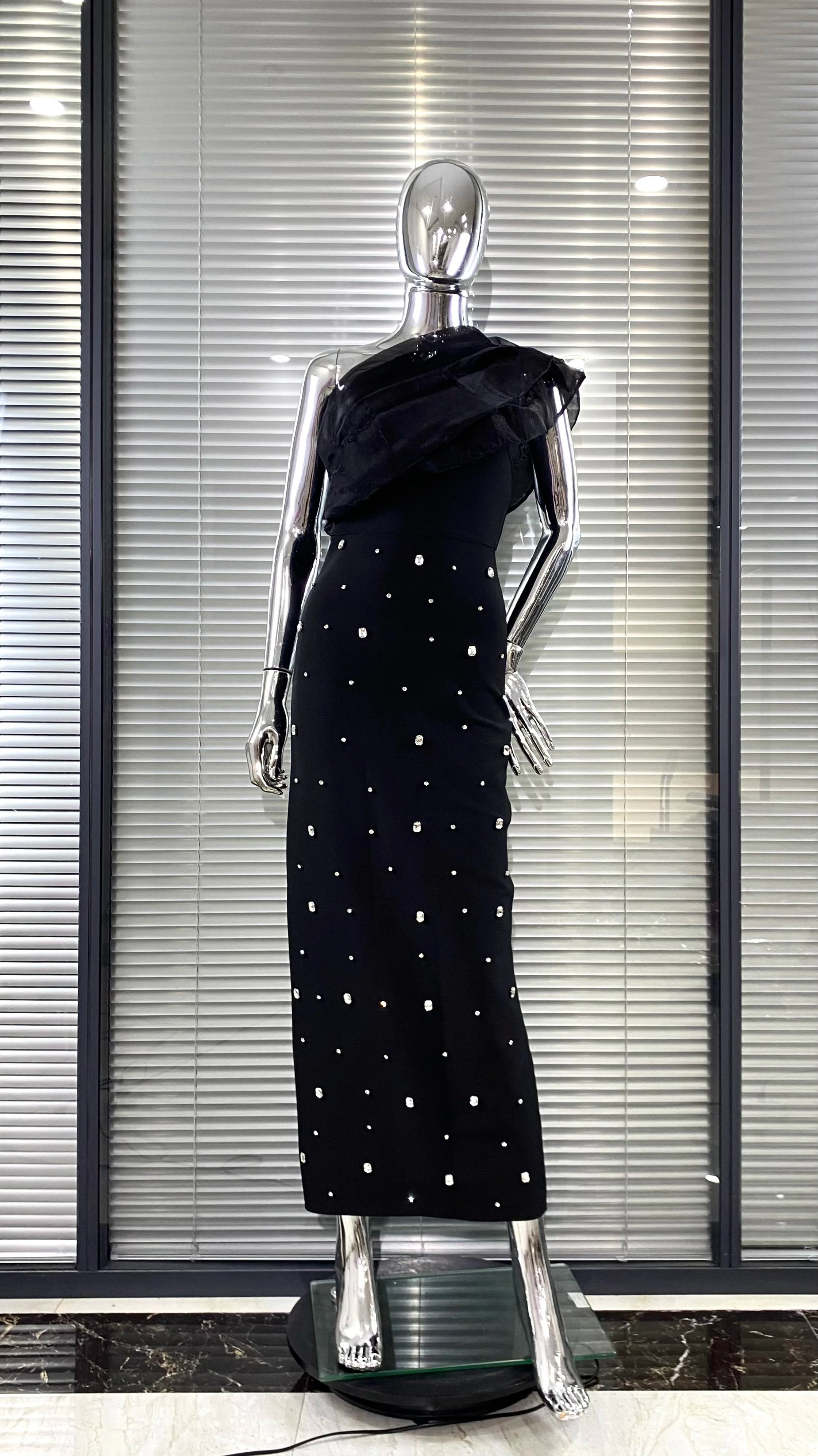 New 2 Colors Shining Diamonds Oblique Shoulder Ankle Length Bandage Dress Graceful Woman Party Dress Celebrity Party Vestido