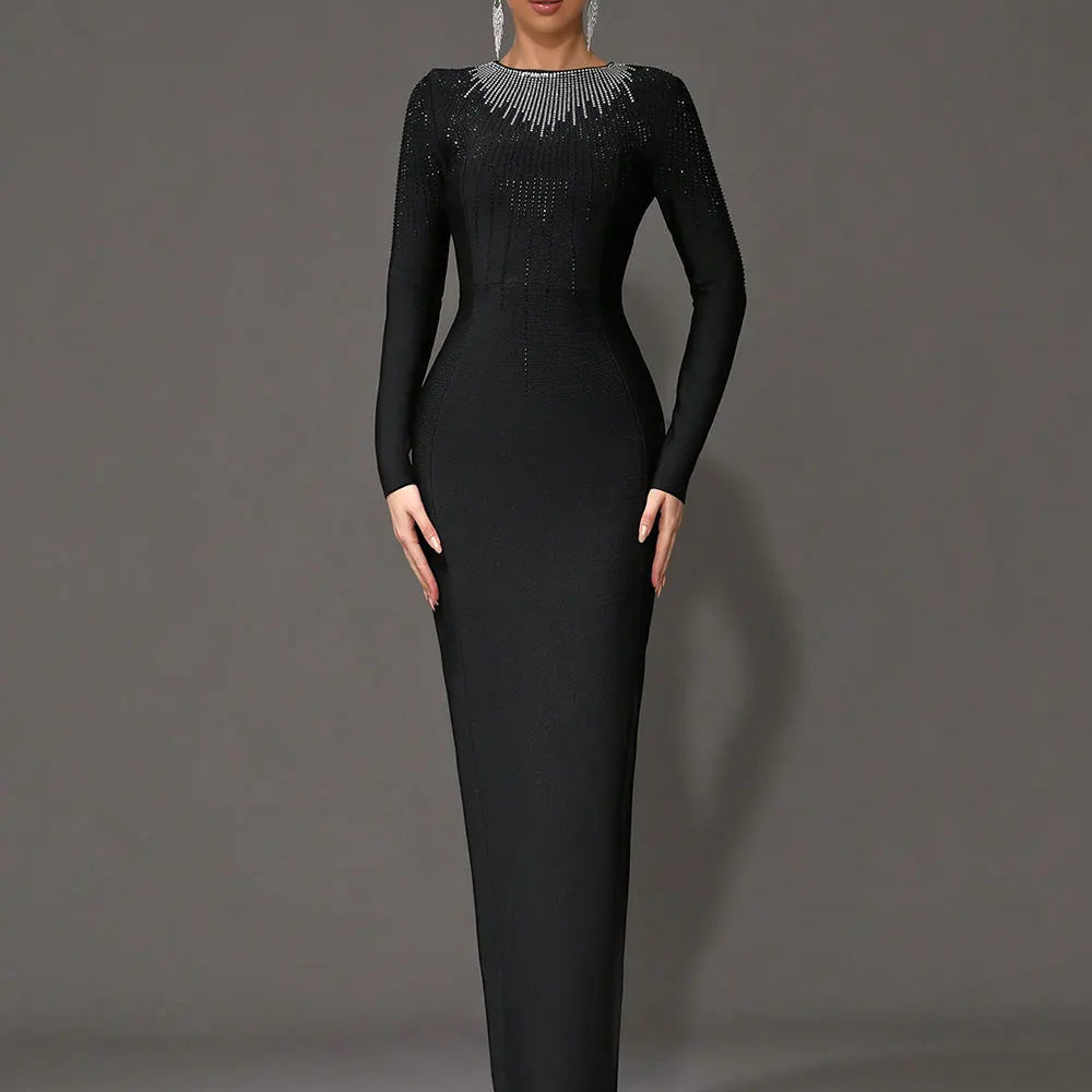2025 Elegant Women's Light Luxury Hot Diamond Bandage Dress O-neck Long Sleeve Bodycon Black Long Dress Evening Party Vestidos