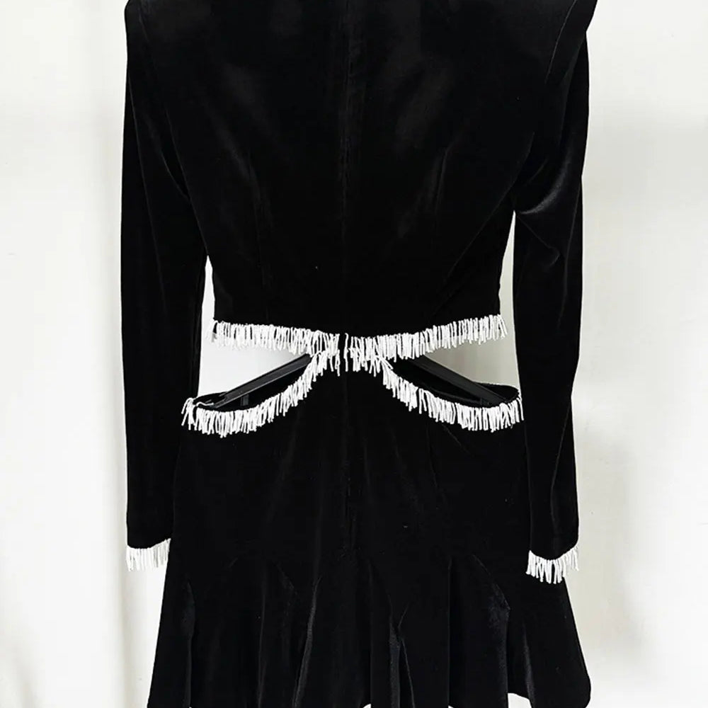 2025 Sexy Women's Open Waist Tassel Velvet Dress Stand Collar Long Sleeve Slimming Mini Dress Celebrity Evening Party Vestidos