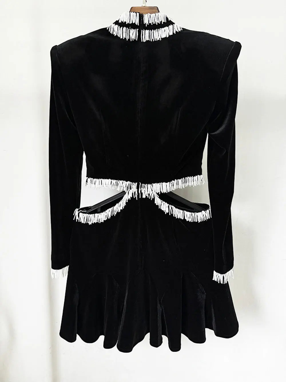 2025 Sexy Women's Open Waist Tassel Velvet Dress Stand Collar Long Sleeve Slimming Mini Dress Celebrity Evening Party Vestidos