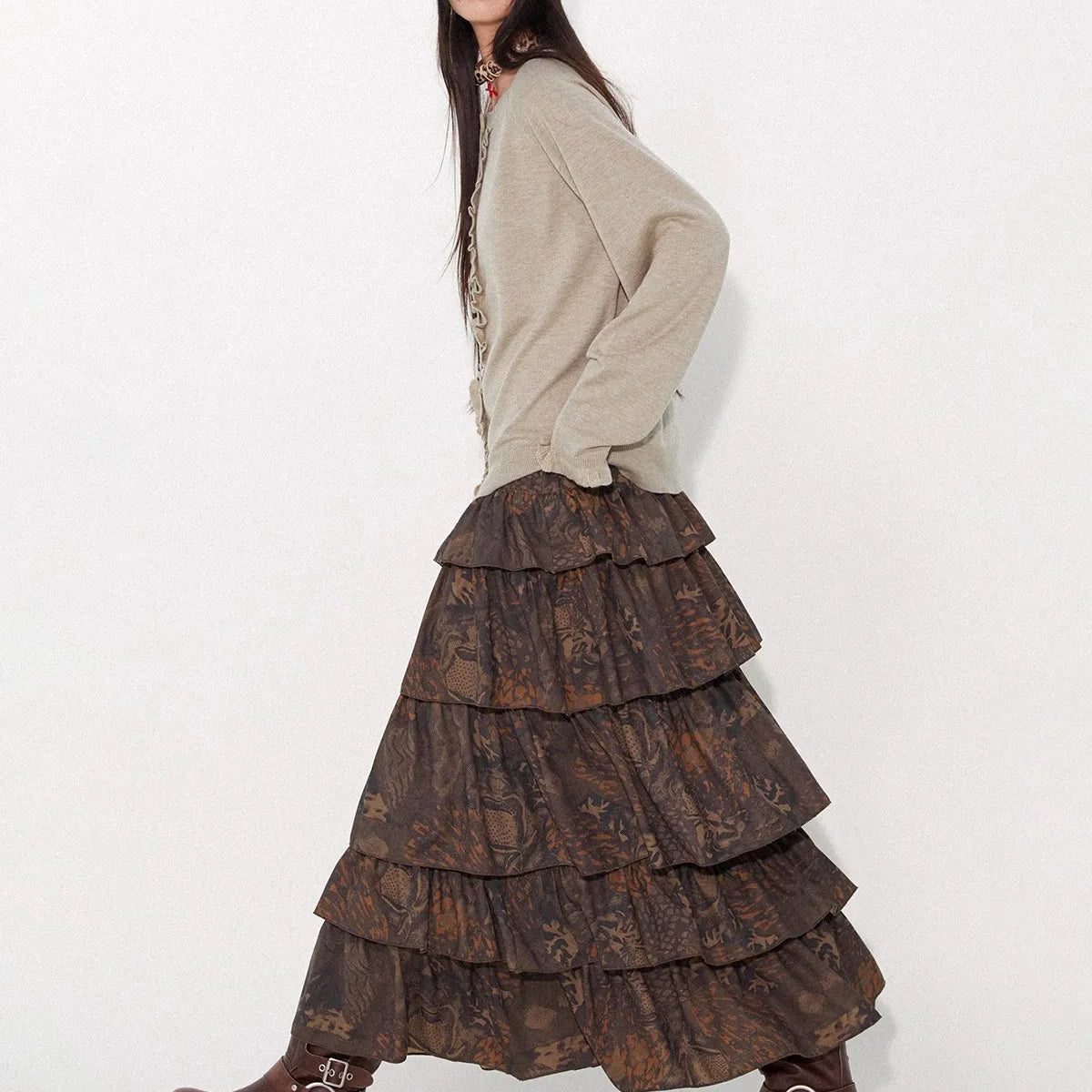 Lautaro Spring Long Soft Flowy Colorful Floral Print Tiered Midi Skirt Women High Waist High Quality Luxury Designer Clothes