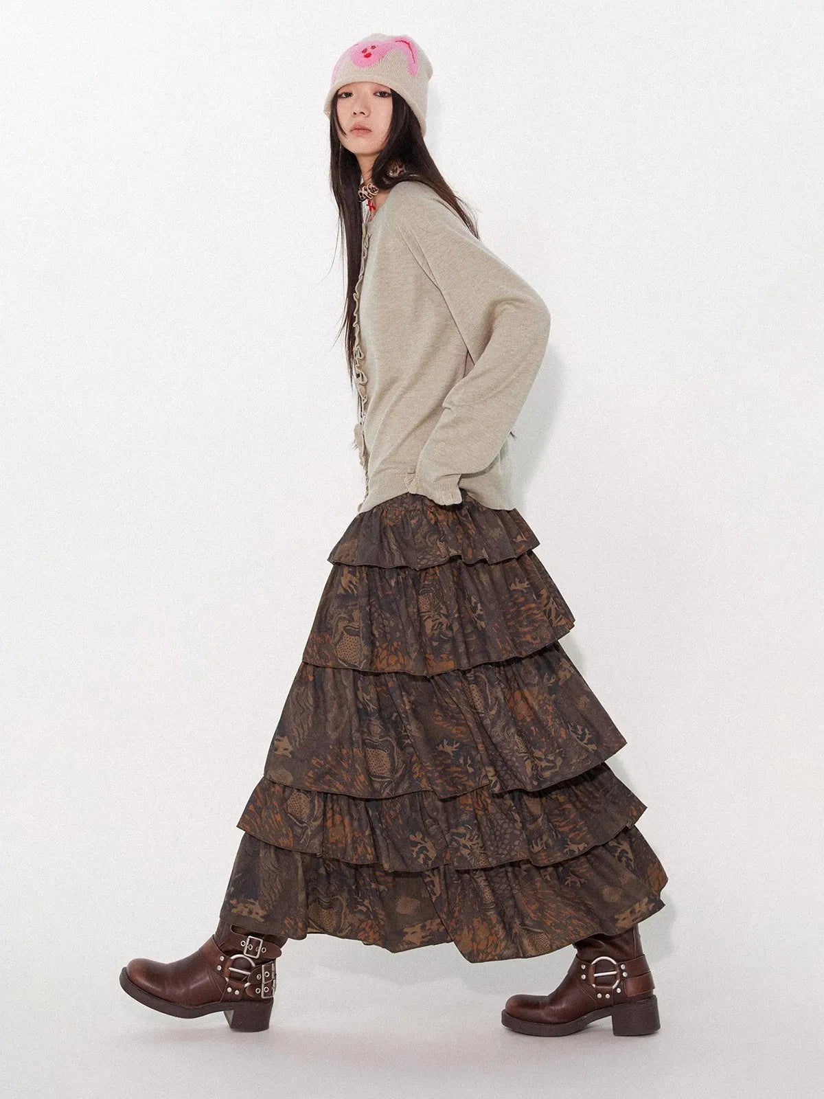 Lautaro Spring Long Soft Flowy Colorful Floral Print Tiered Midi Skirt Women High Waist High Quality Luxury Designer Clothes