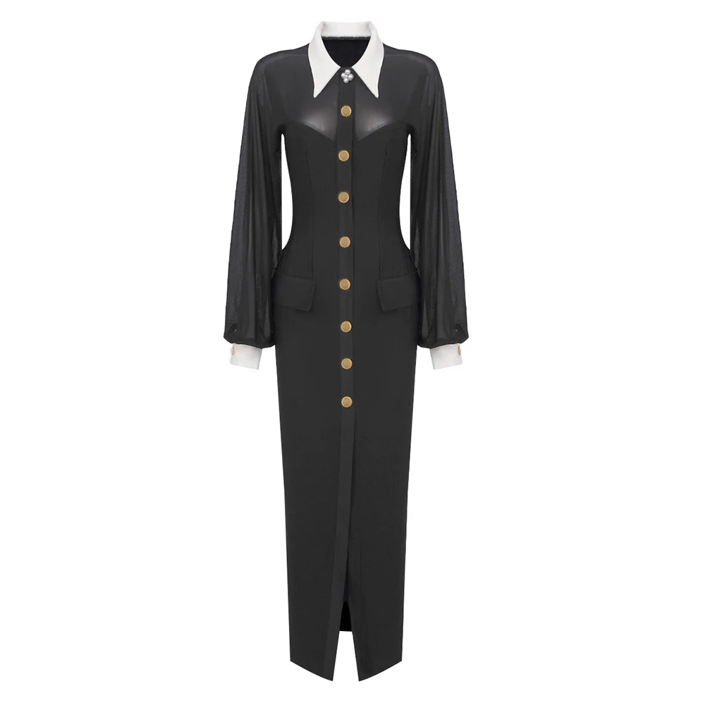 Women Elegant And Pretty Dress 2024 Spring Summer Fashion Party Long Sleeve Button Black Ankle Length Dresses black
