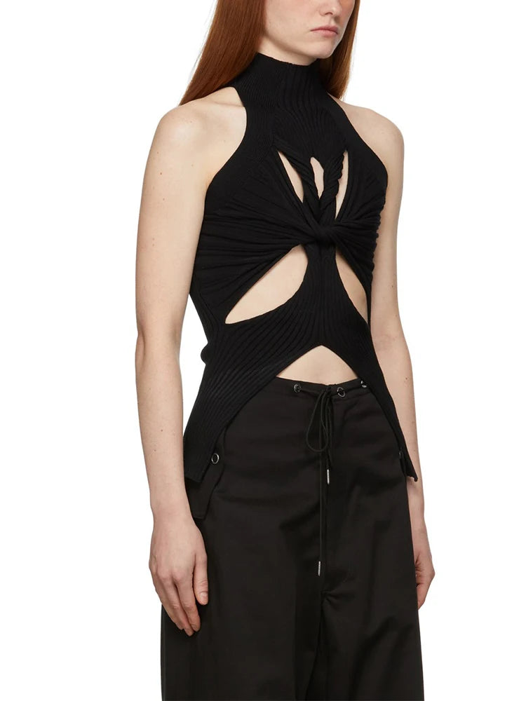 Solid Hollow Out Knitting Tank Tops For Women Turtleneck Sleeveless Off Shoulder Slim Vests Female Fashion Clothing