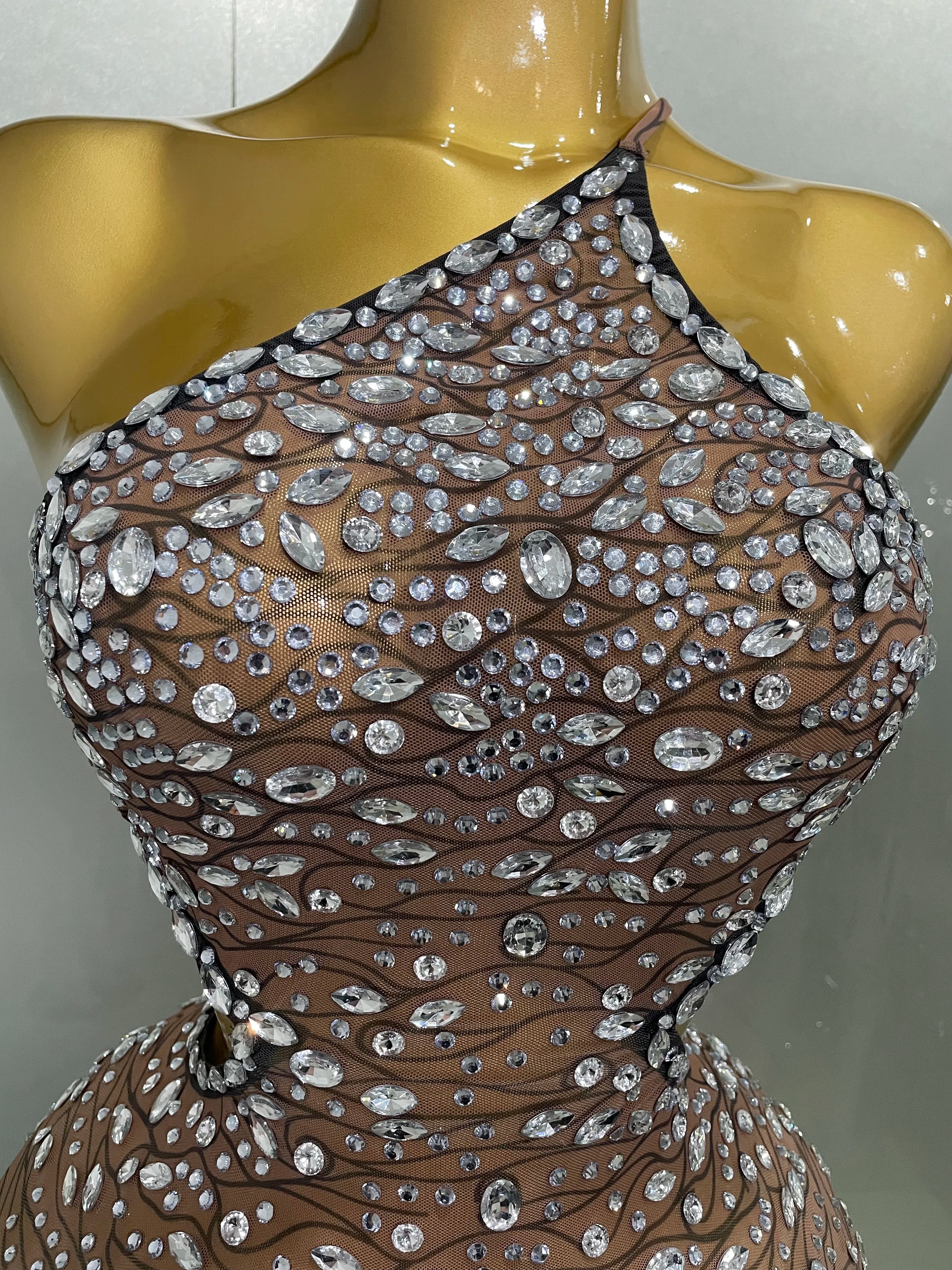 2025 New Sexy Shiny Diamond Hollow Out Backless Short Dress Women Evening Celebrate Prom Birthday Party Nightclub Stage Costume