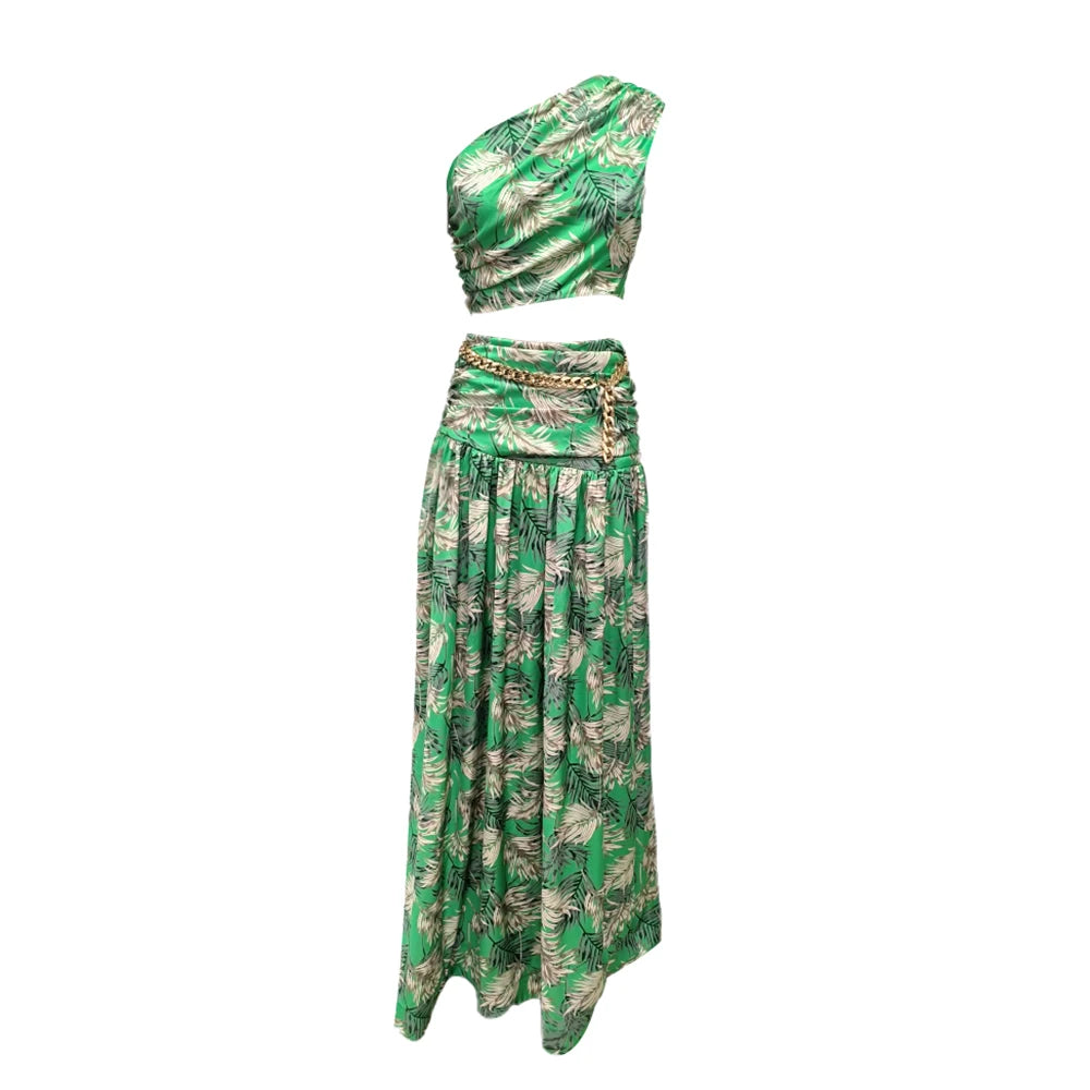 Stylish Green Print Ensemble One-Shoulder High Slit Two-Pieces Dress Set for Summer Galas AS PIC