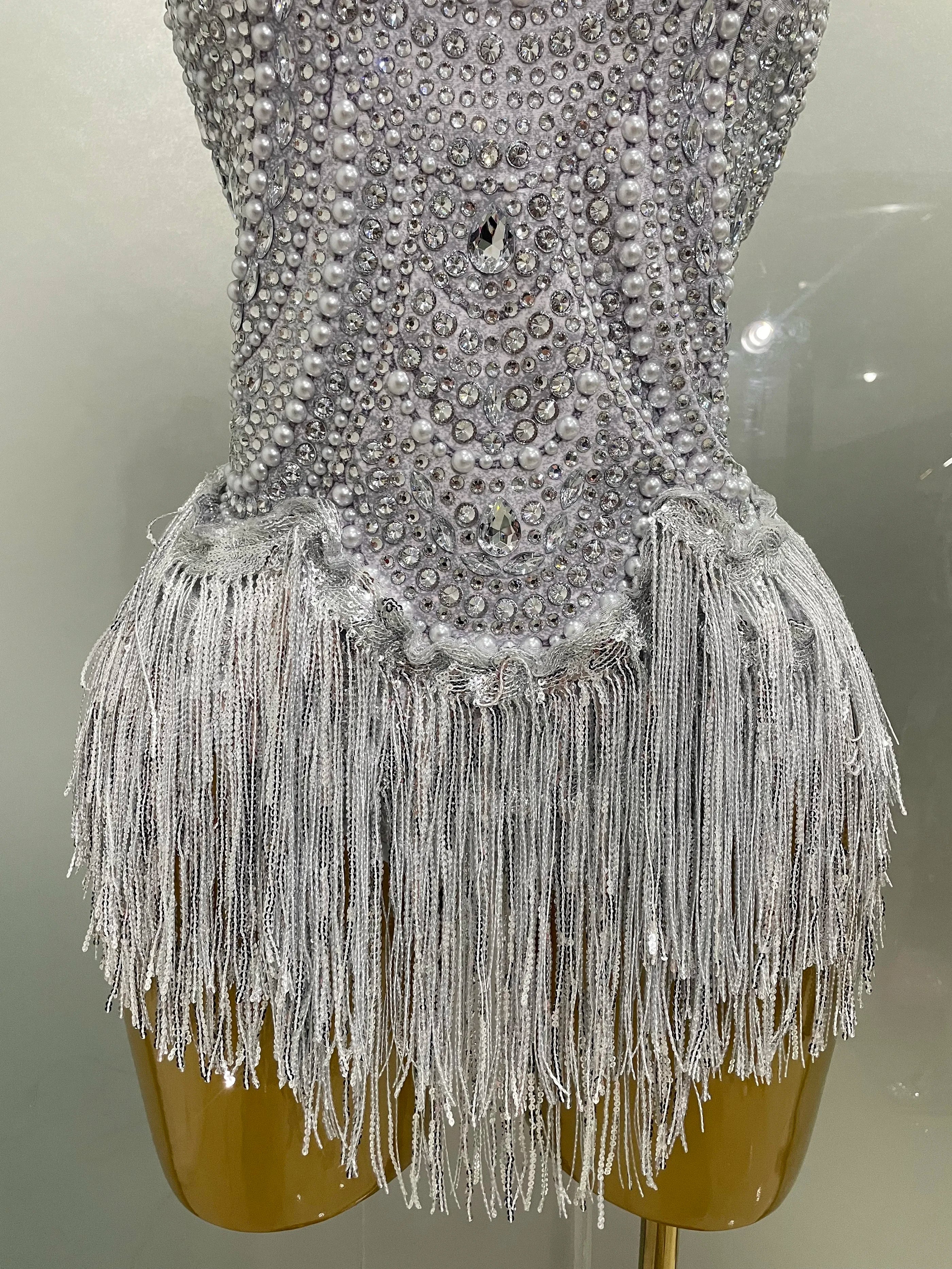 Sparkly Silver Rhinestones Pearl Tassels Bodysuit 2025 New Women Sexy Eveing Birthday Party Nightclub Stage Performance Costume