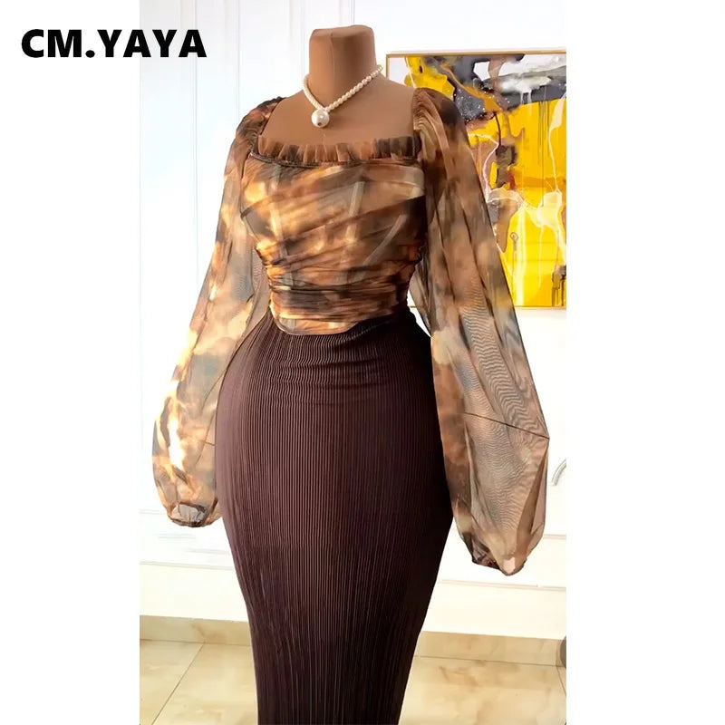 Fashion Elegant Mesh Printed Women Set Street Tops + High Waist Long Skirts Suits Party Birthday Two 2 Piece Sets Dress