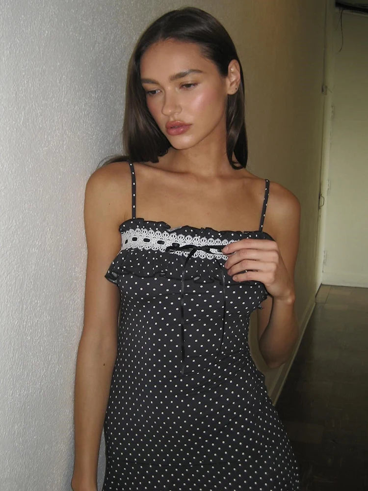 Mozision Spaghetti Strap Polka Dot Mini Dress For Women Robe Contrast Color Off-shoulder Sleeveless Backless Club Party Dress