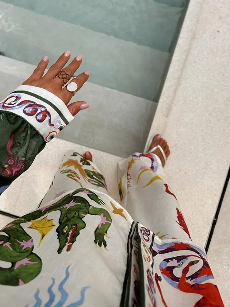 Stylish Printed Trousers 2 Piece Set Women's Casual Lapel Single Breasted Shirt Wide Leg Pant Sets Women Pomesia Vacation Suit Pants