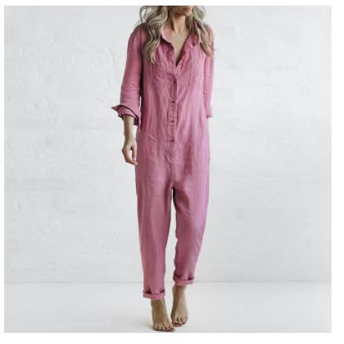 Vintage Cotton Overalls Mujer Women Jumpsuits Spring Long Sleeve Buttons One Piece Outfit Chic Tunic Oversized Green Jumpsuit Pink