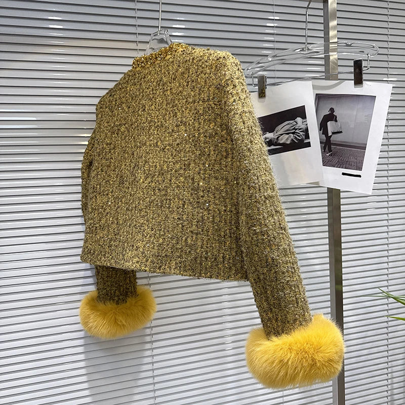 Winter New Fashion Fox Fur Cuff Beaded Embroidery Cotton Inner Short Coat For Women Covered Buttoned Jacket 11A07812