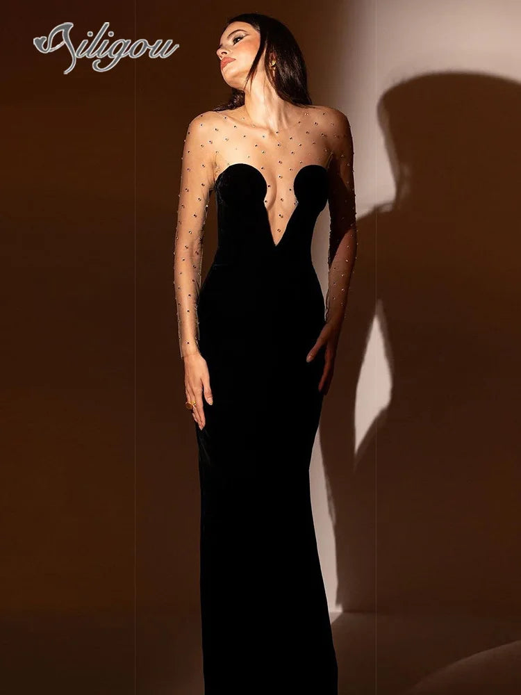 Ailigou New Women's Formal Evening Dress Wearing Sexy Mesh Long sleeved Patch Black Velvet Beaded Evening Dress