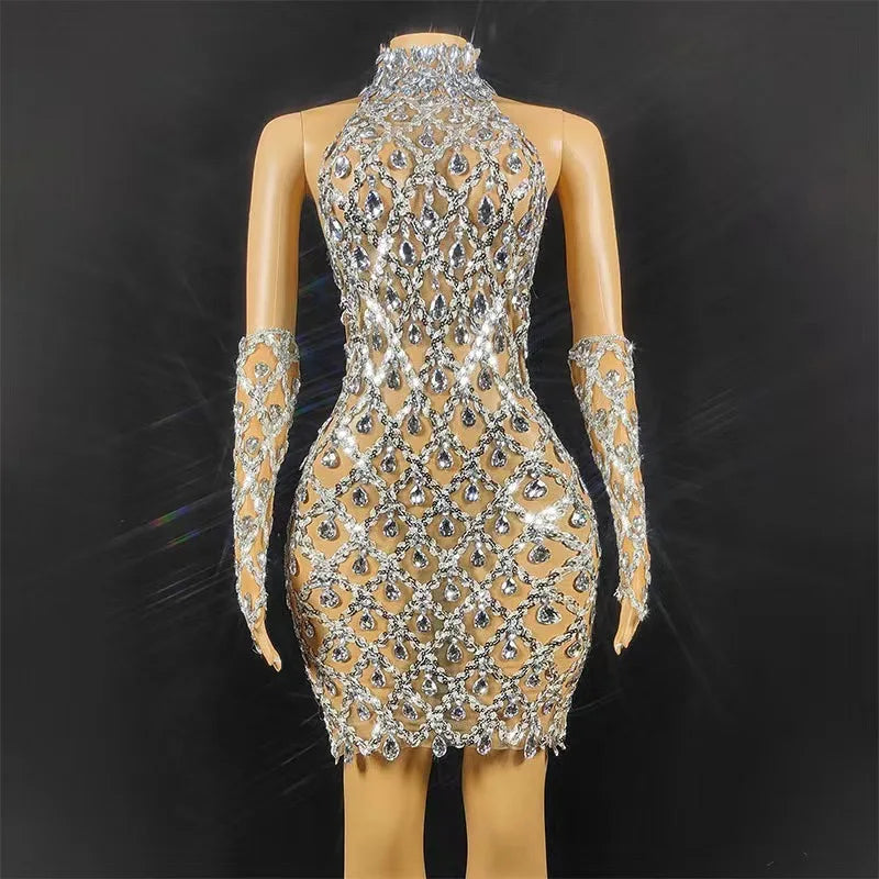 Women Sexy See Through Mesh Bodycon Mini Dress Gloves Shinning Crystal Nightclub Party Celebrate Christmas Dress Silver