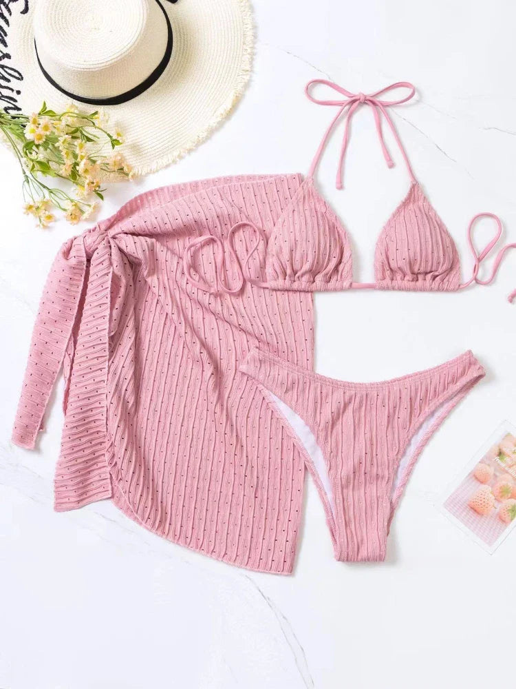 2023 New 3 Pieces Set Swimsuit Women Thong Swimwear Sexy Micro Bikini Set With Sarong Skirt White Beachwear Bathing Suit Pink pink