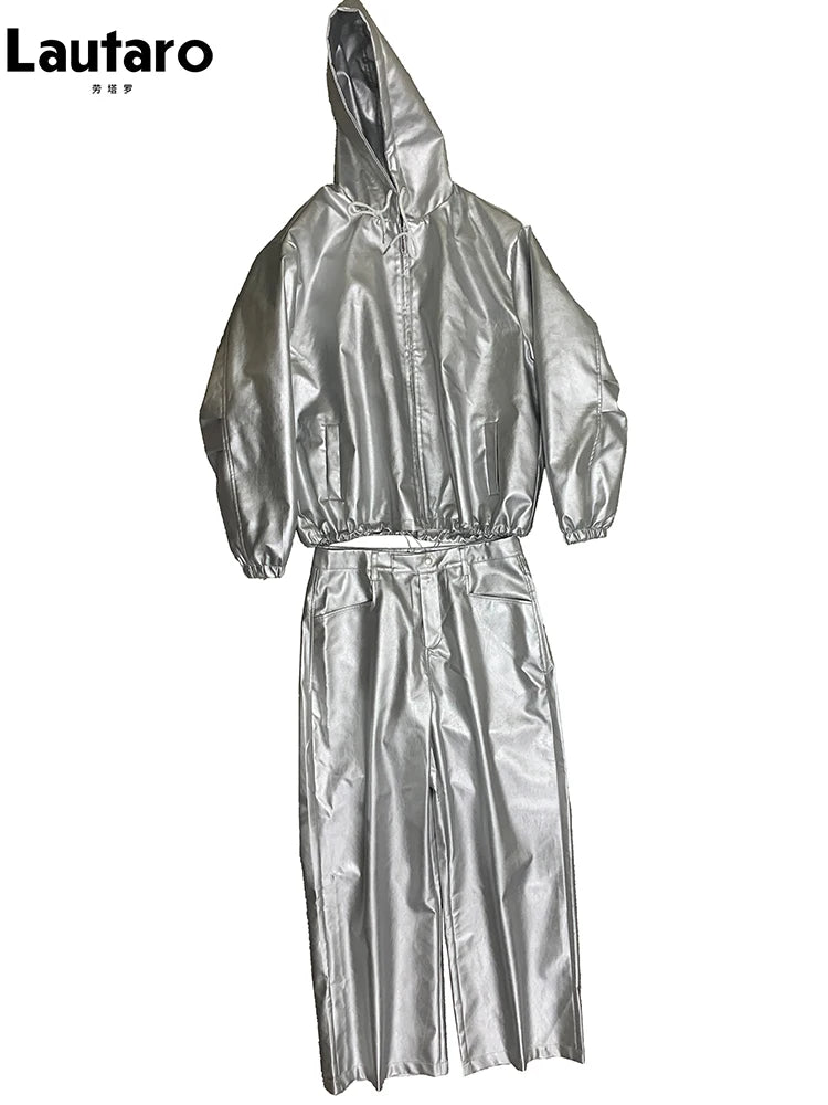 Mauroicardi Autumn Oversized Waterproof Silver Faux Leather Jacket Men with Drawstring Hood Zipper Loose Casual Korean Fashion