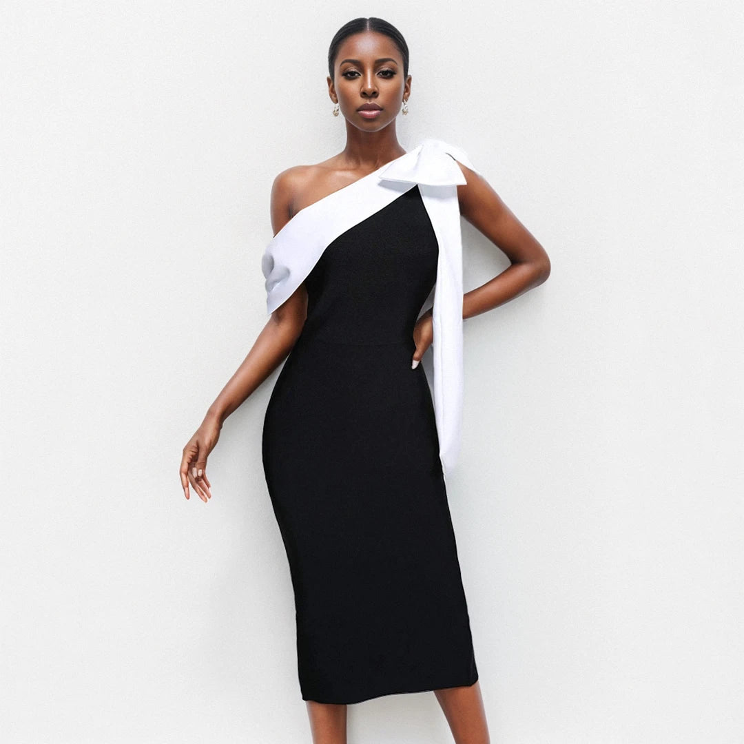 Women Sexy Slash Neck Off the Shoulder Big Bow Bodycon Midi Bandage Dress Elegant Evening Party Celebrate Dress black