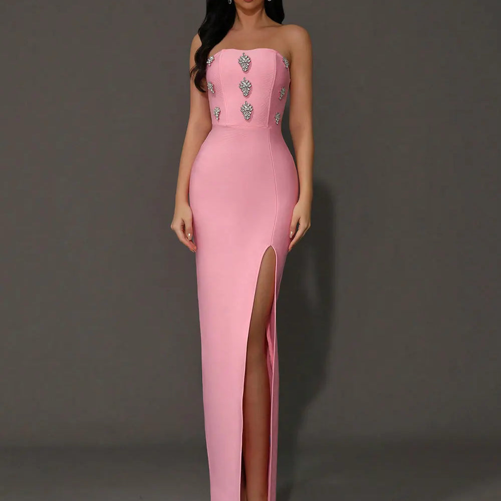 2024 Sexy Women'S Light Luxury Rhinestone Bandage Dress Strapless Sleeveless Bodycon Split Length Dress Christmas Party Vestidos