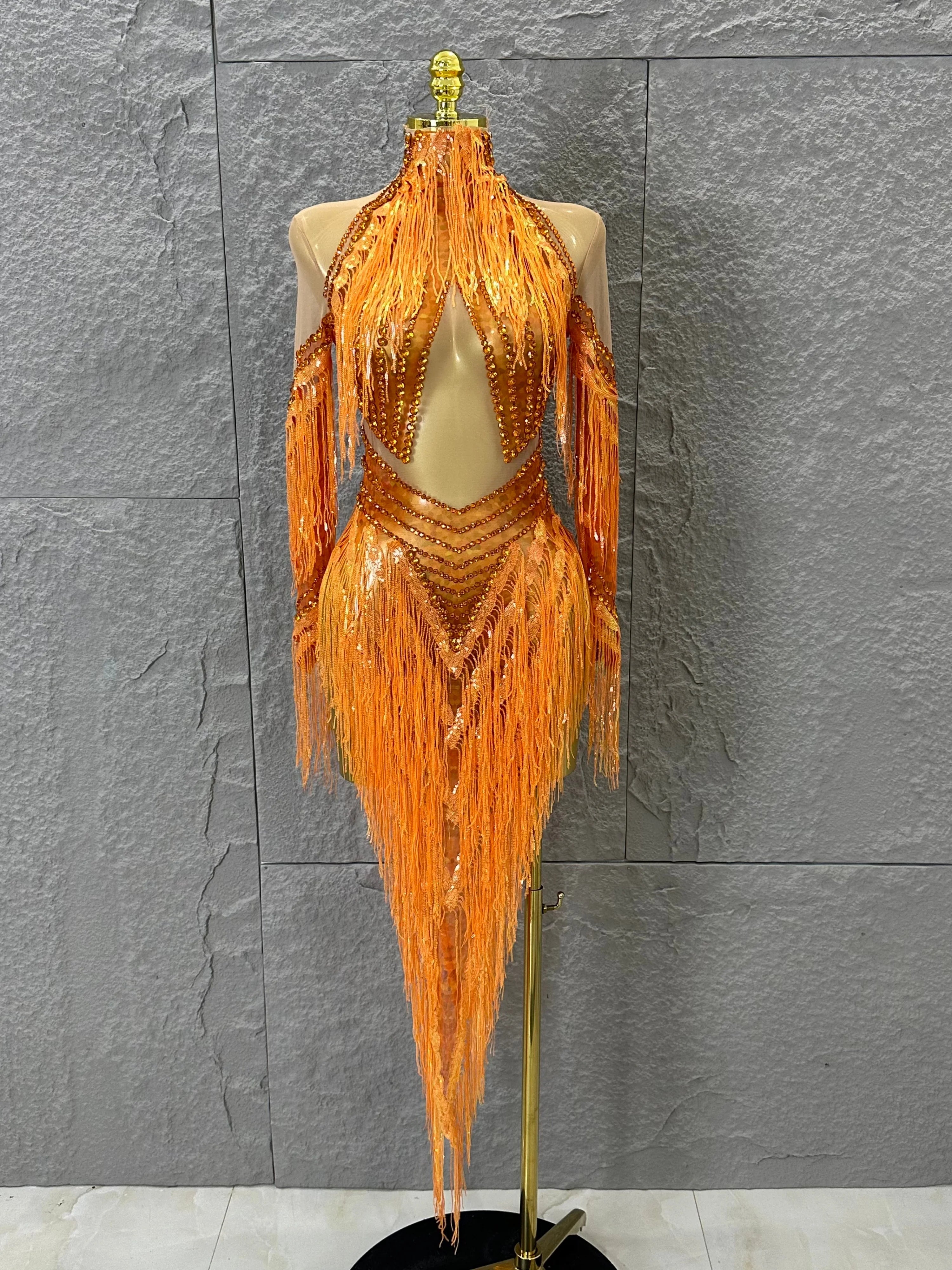 Sparkly Orange Rhinestone Fringe High Neck Dress Women Sheer Mesh Embellished Latin Dance Performance Costume Orange