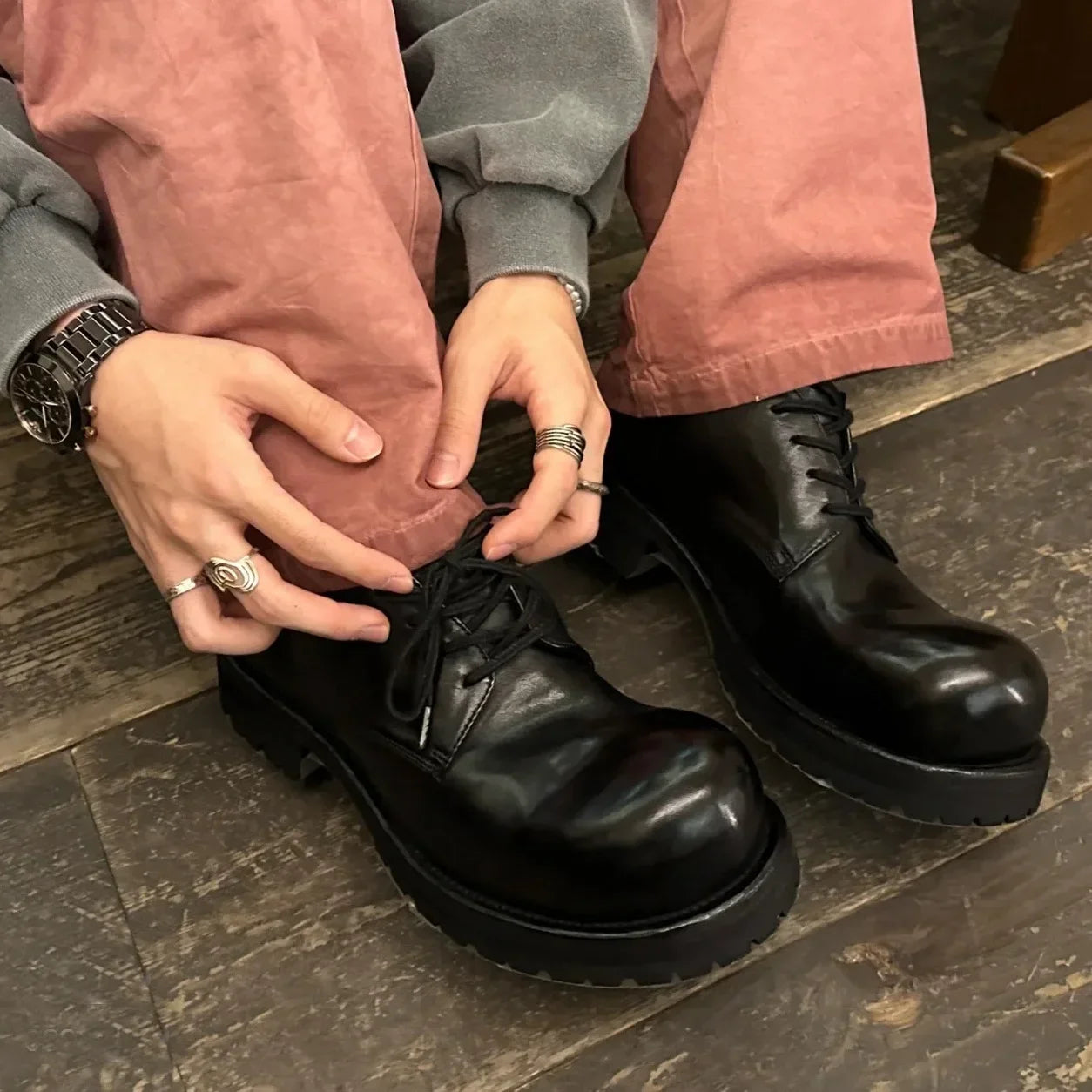 Retro Solid Derby Boots For Women Big Round Toe Man Lace Up Square Heel Height Increasing Soft Leather High Quality Plus Size