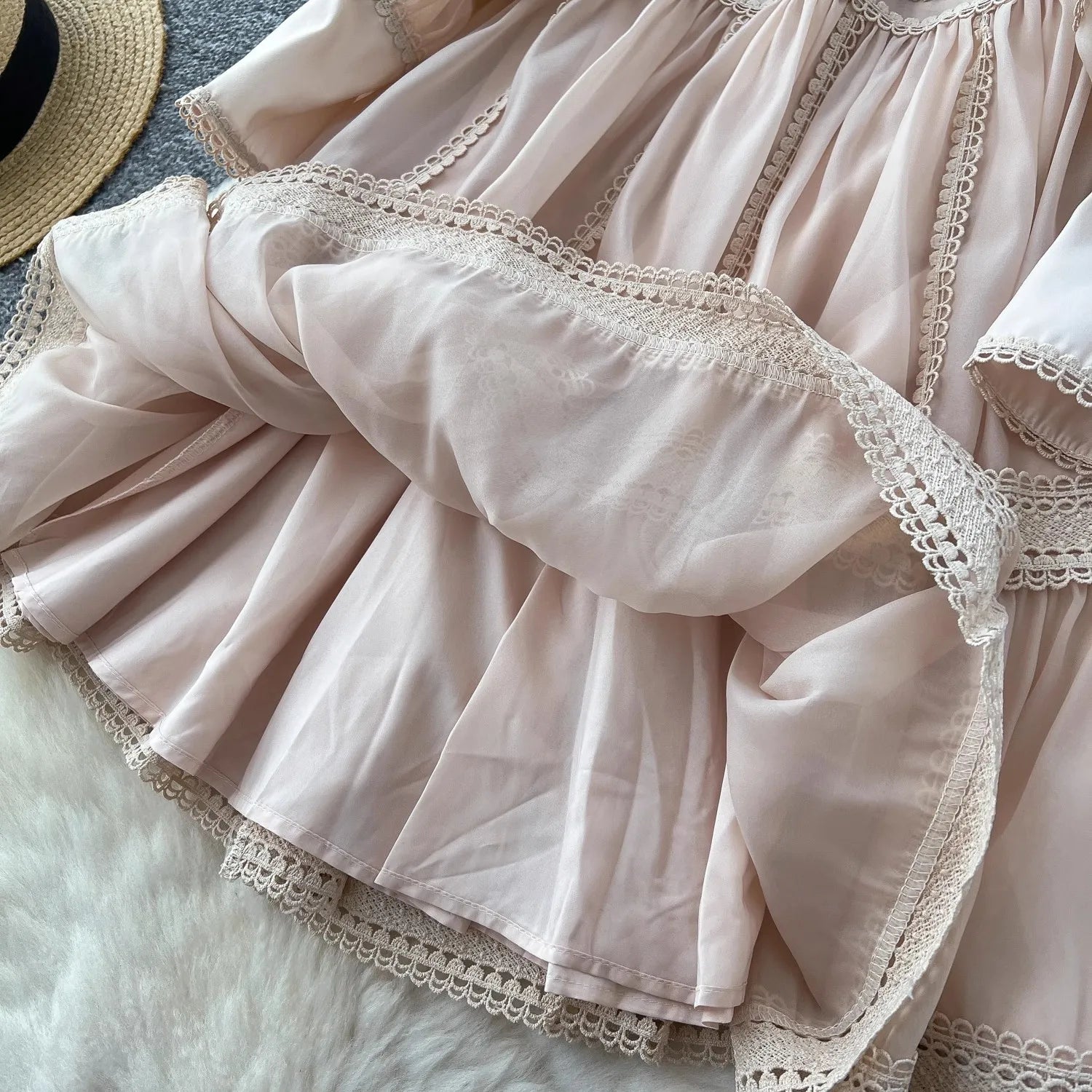 Autumn Elegant Hollow Out Embroidery Lace Splice Mini Dress Women's Stand Lantern Sleeve Buttons Evening Party Robe Vestidos