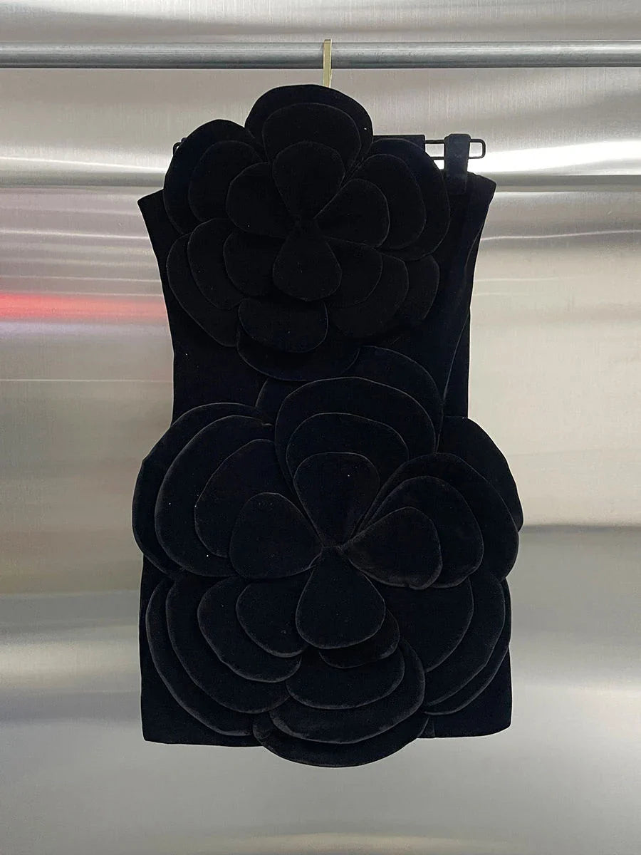 Solid Slimming Temperament Mini Dresses for Women Strapless Sleeveless Patchwork 3D Flowers Dress Female Clothing BLACK