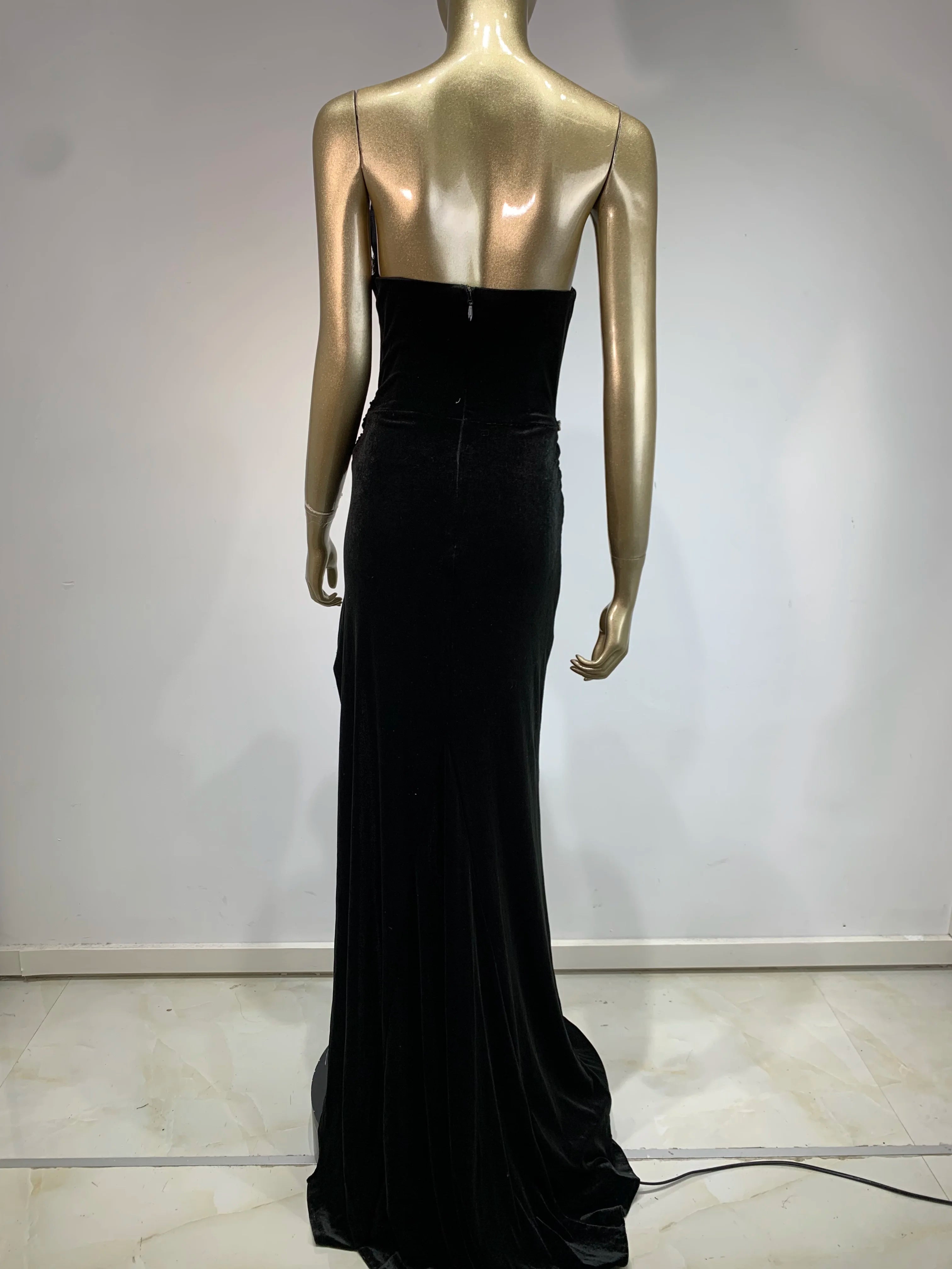 Sexy Strapless Backless Split Diamonds Black Velvet Maxi Long Women Celebrity Dress 2024 Elegant Party Evening Club Vestido