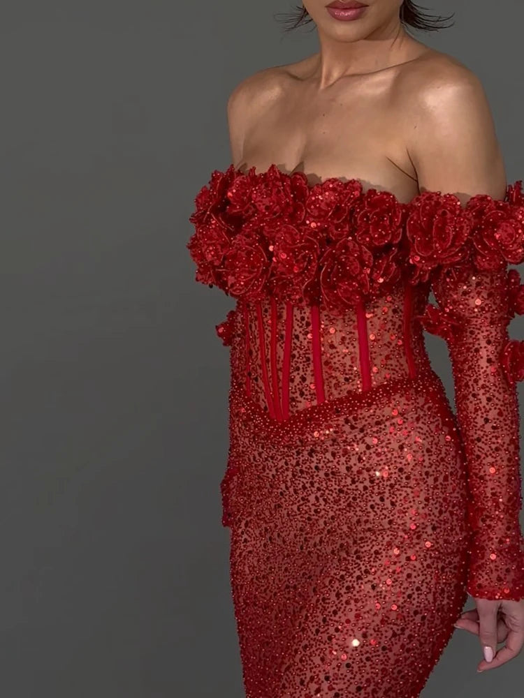 Red Structured Flower Boned Bodice Christmas Long Dress For Women Long Sleeves Sequins Mermaid Party Evening Gown
