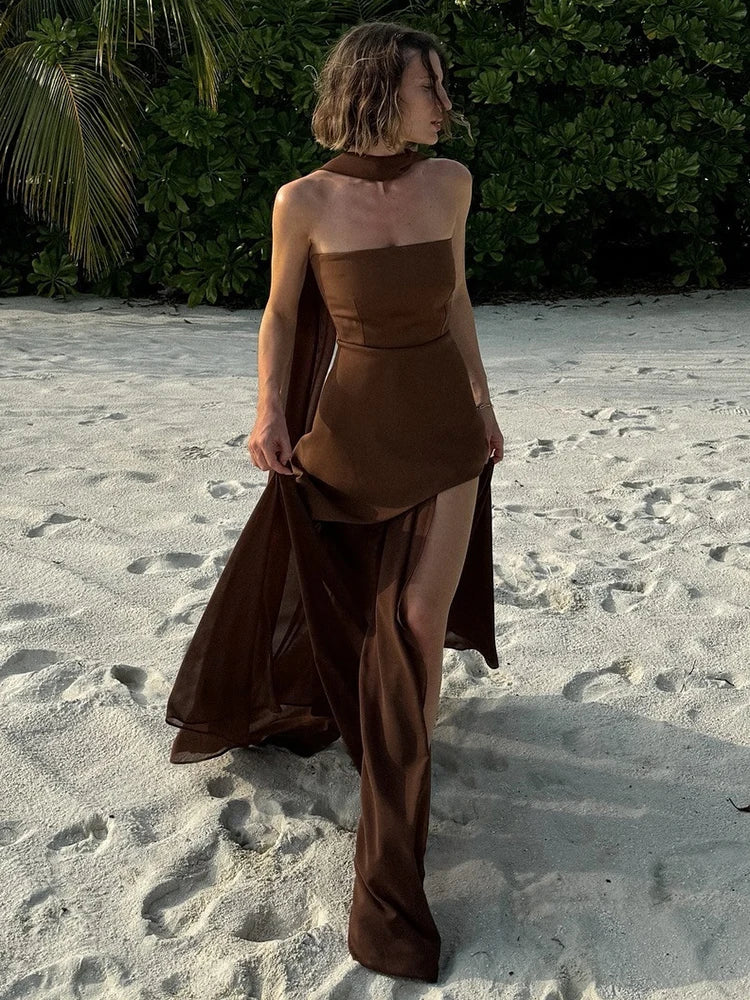 Mozision Elegant Strapless Sexy Maxi Dress For Women Gown With Scarf Off-shoulder Sleeveless Backless Split Beach Long Dress Brown