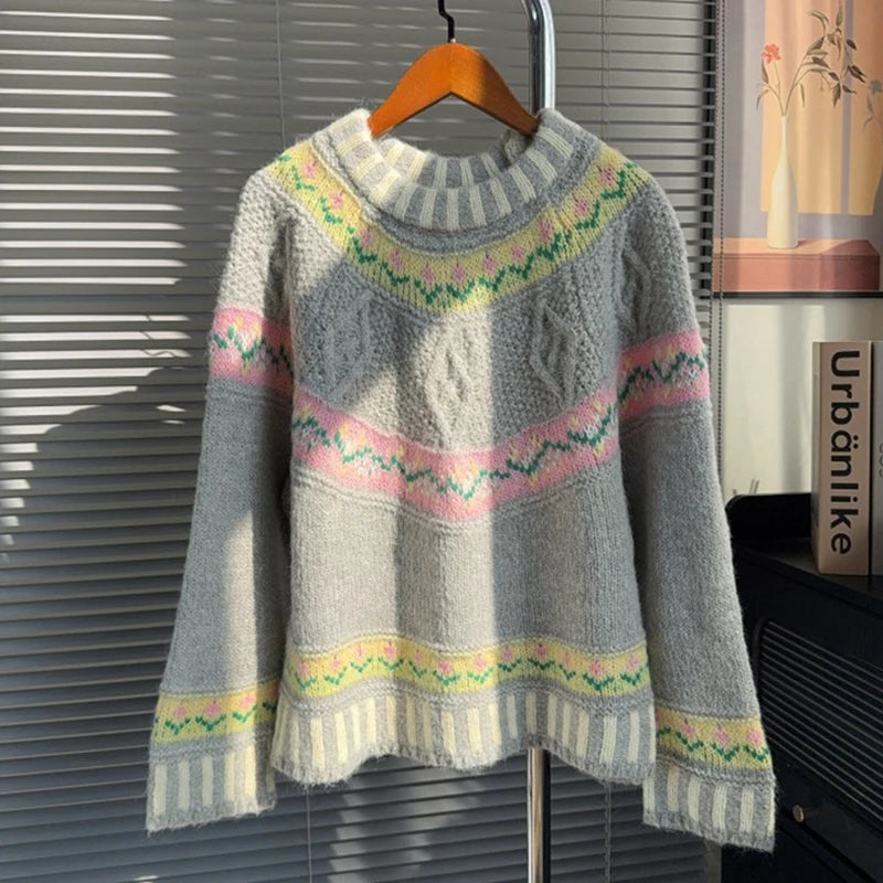 Autumn Winter New Round Neck Contrast Color Knit Sweater For Women Lazy Style Loose Contrast Color Pullover 11A07870 Gray One Size