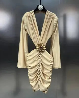 DEAT New Items Trendy Women's Wrinkled 3D Flower Chest Pad Dress Spring Fashion Long Sleeves V-neck Dresses Female 11XX8774 apricot