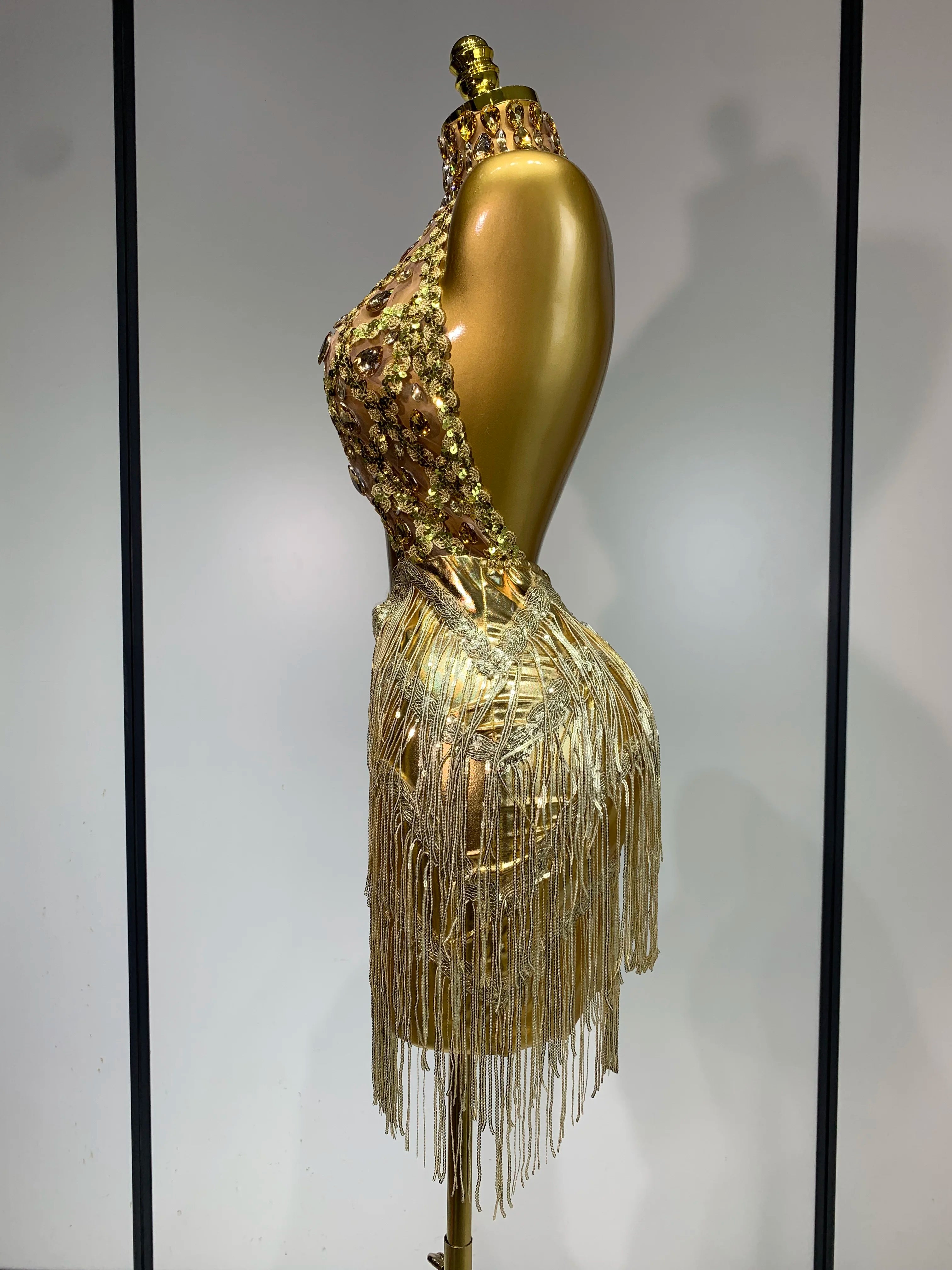 Women Birthday Party Rhinestones Tassels Transparent Short Dress Dance Show 2025 New Sexy Fashion Gold Sparkly Stage Costume