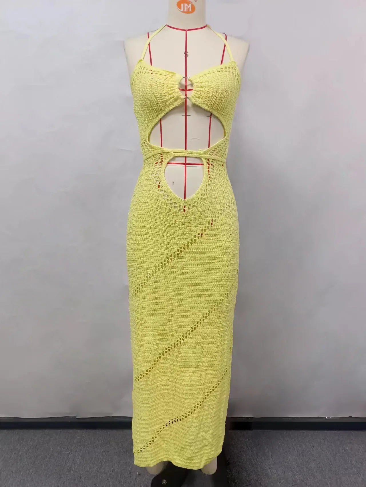 Yellow Knitted Beach Dress Women Fashion Halter Hollow Out Slim Long Dresses Summer Sexy Backless Holiday Party Outfits 2024