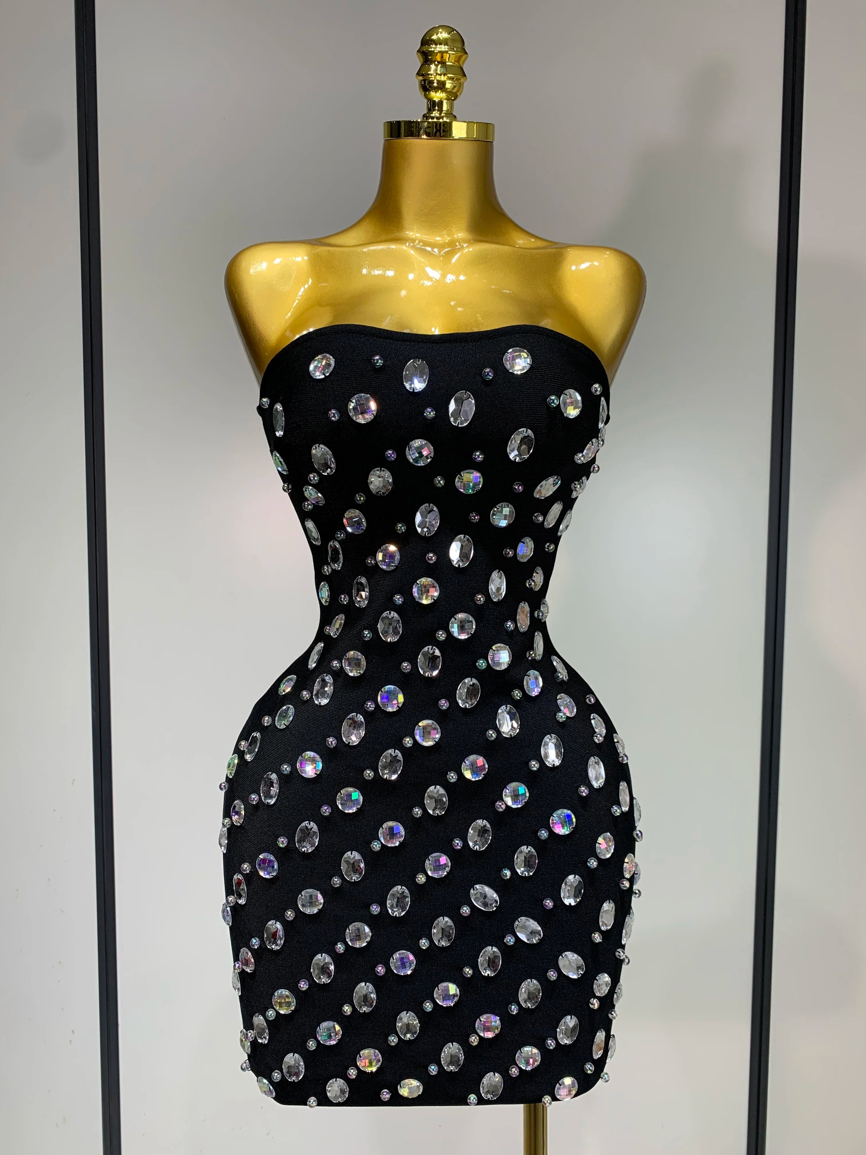 Sexy Rhinestones Bodycon Strapless Mini Dress 2025 Women Sleeveless Backless Fashion Evening Party Club Luxury Birthday Dresses black