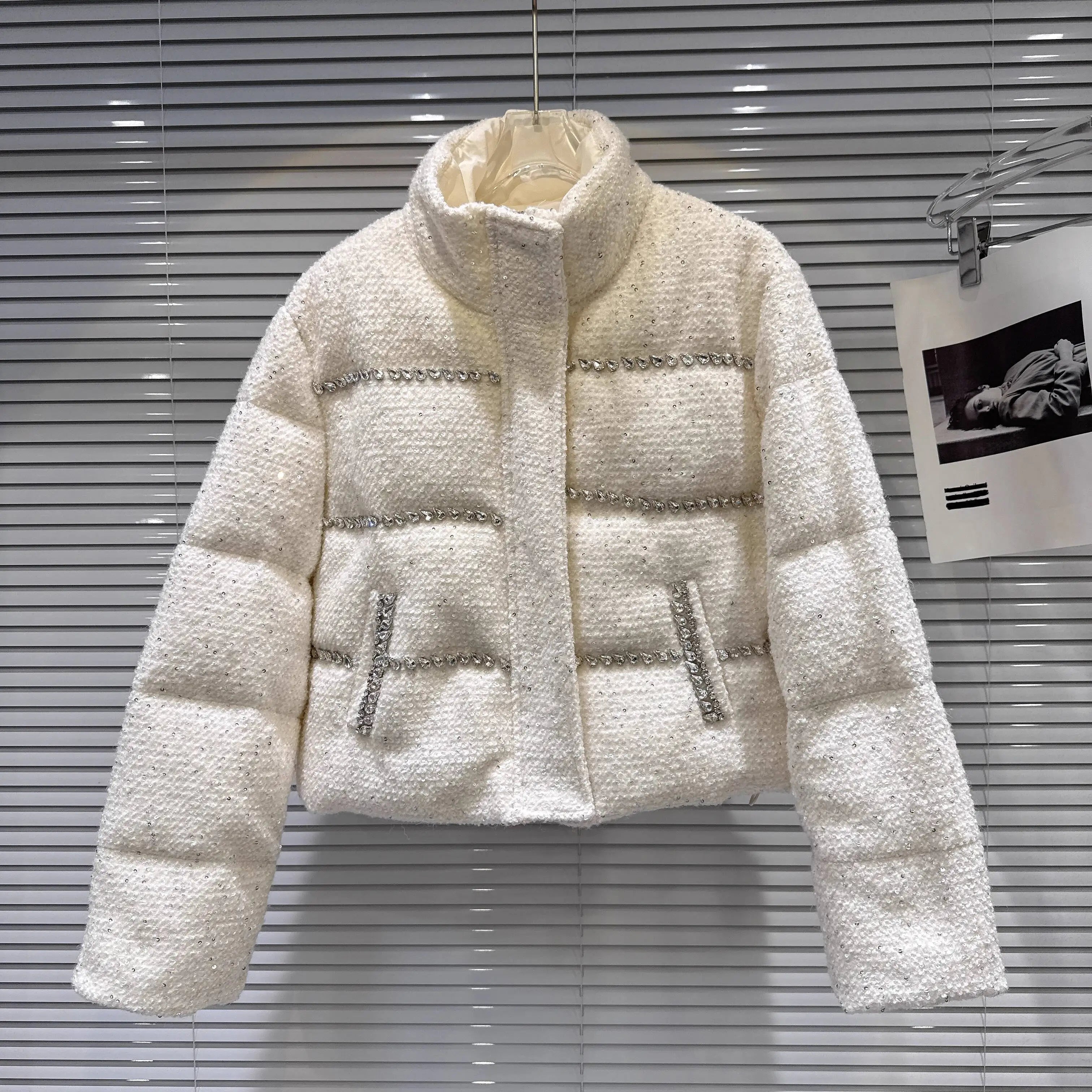 Winter New Sweet Fashion Rhinestone Beaded Edge Thick Tweed Stand Collar Warm Jacket For Women Cotton Coat 11A07587 White One Size
