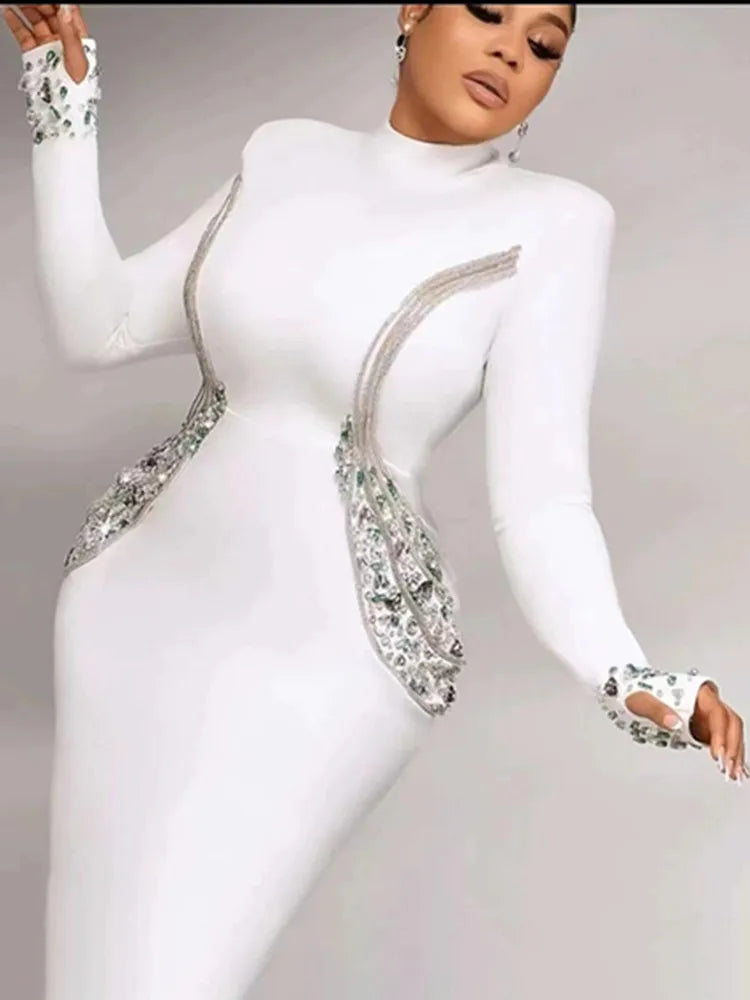 Women Celebrity Sexy Beading Crystal Diamonds Black White Maxi Long Bodycon Bandage Dress 2024 Elegant Evening Club Party Dress WHITE