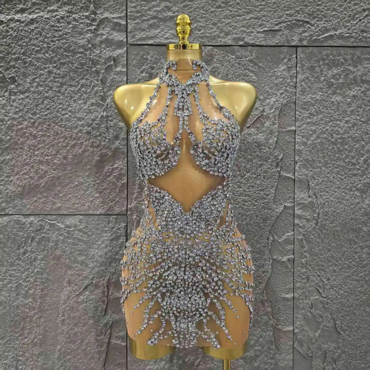 Shinning Crystal Women Sexy Sleeveless Mesh See Thorugh Bodycon Mini Dress Nightclub Party Bar Singer Performance Stage Wear Silver