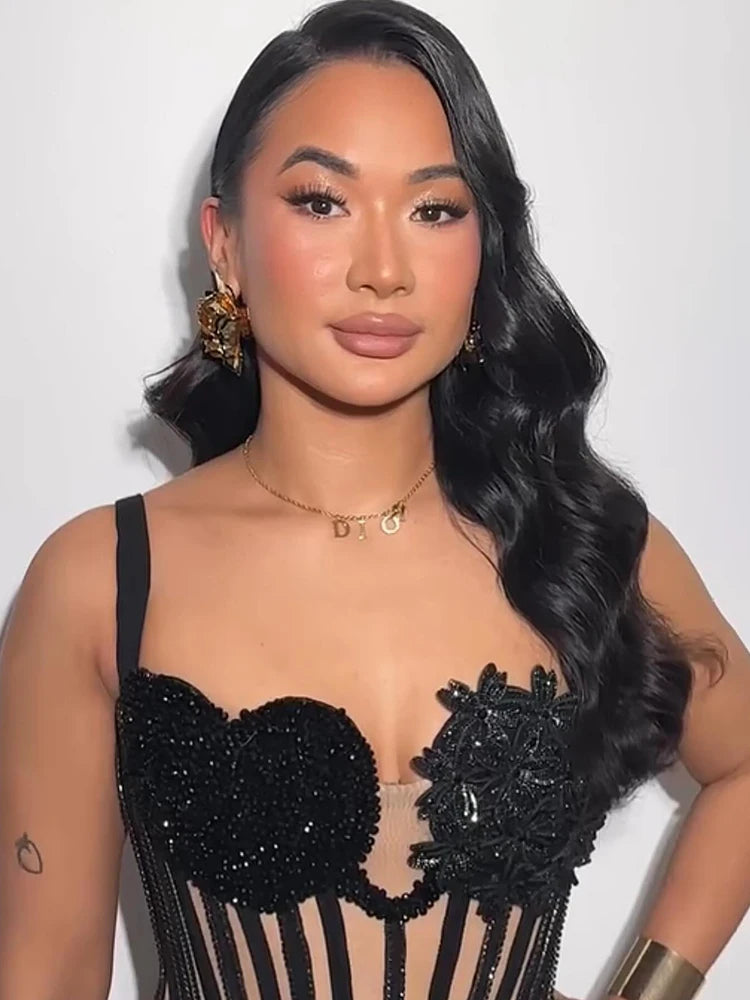 Glamorous Black Halter Sequin Flower Mesh Top Mermaid Dress for Galas Evening Gown